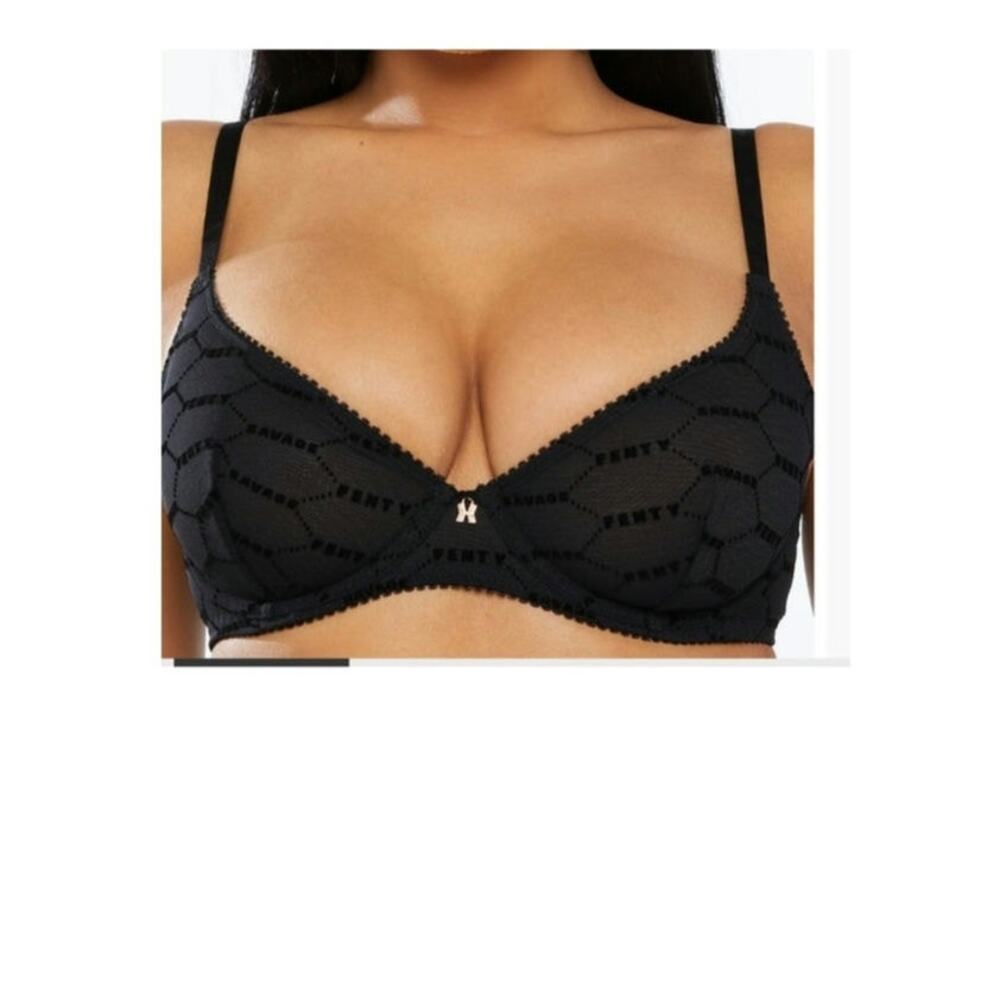 Savage 34B Black Flocked Logo Unlined Underwire Demi Bra Back Closure Sexy